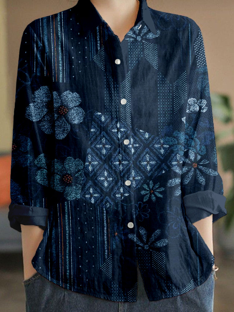 Comstylish Vintage Japanese Pattern Linen Blend Cozy Blouse