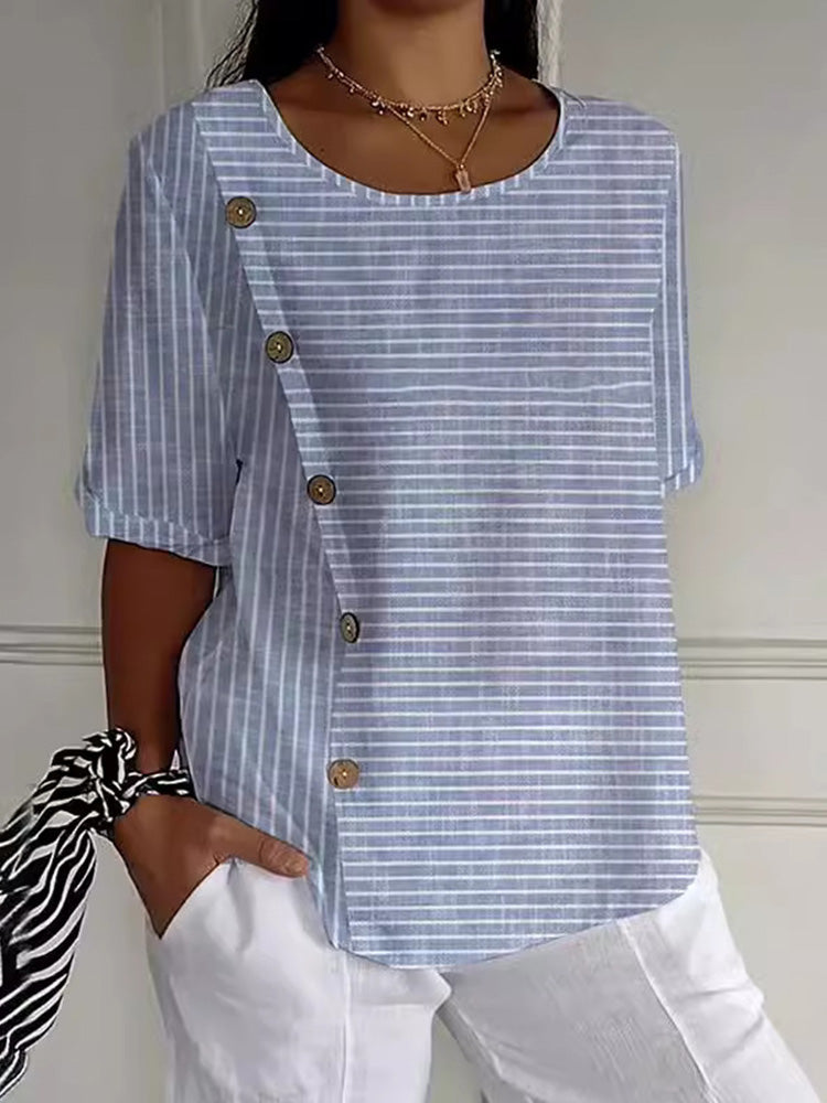 Comstylish Casual Striped Round Neck Button Blouse