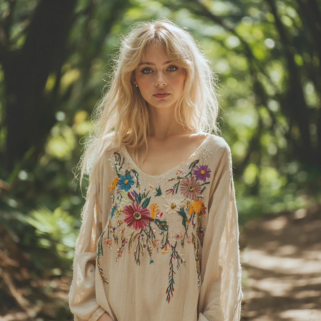 Comstylish Retro Bohemian Floral Art Graphics Cotton And Linen Blend Loose Blouse