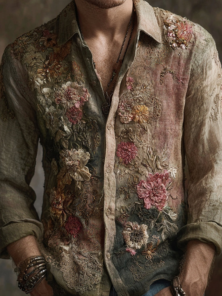 Men's Vintage Boho Floral Embroidered Linen Blouse artswardrobe