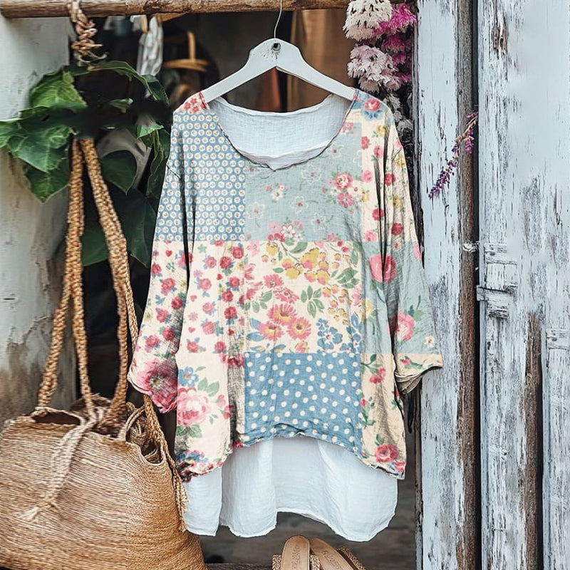 Vintage Spliced floral V-neck Cotton Linen Blouse artswardrobe
