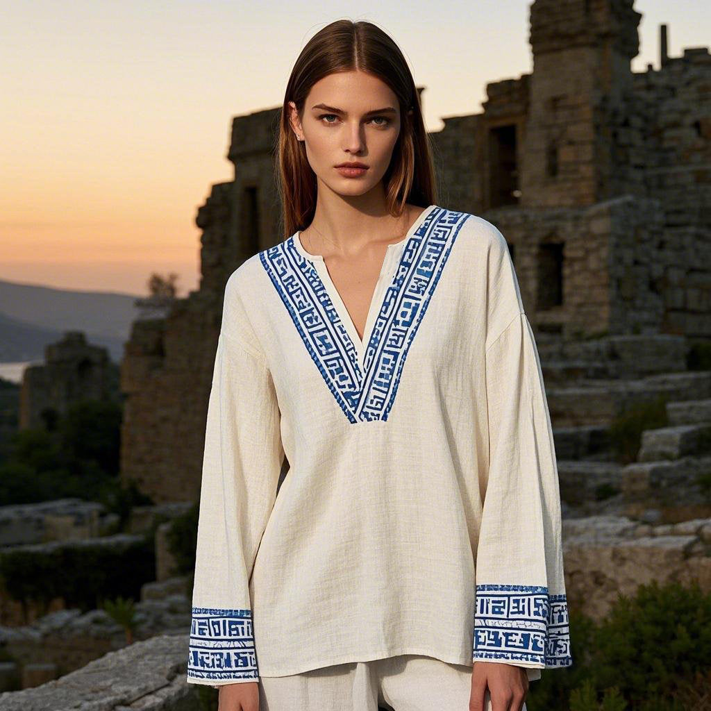 Women's Greek Geometric Art V-neck Linen Blend Blouse artswardrobe