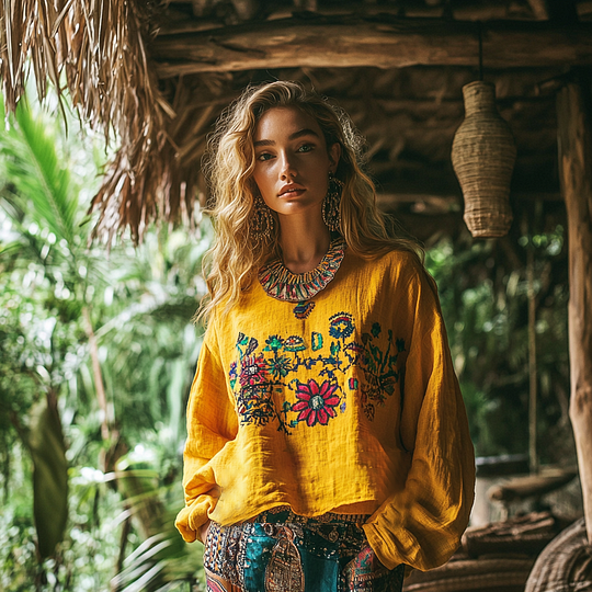 Retro Bohemian Floral Art Embroidery Print Cotton And Linen Blend Loose Blouse artswardrobe