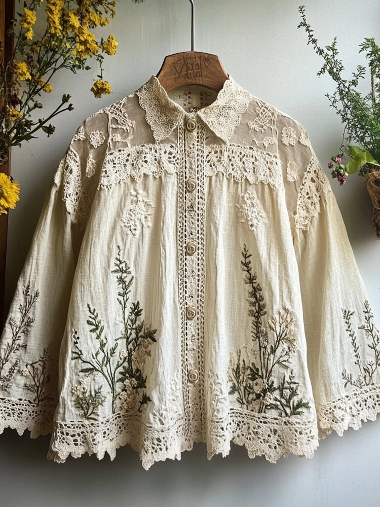 Vintage Floral Embroidered Linen Blend Lace Blouse artswardrobe
