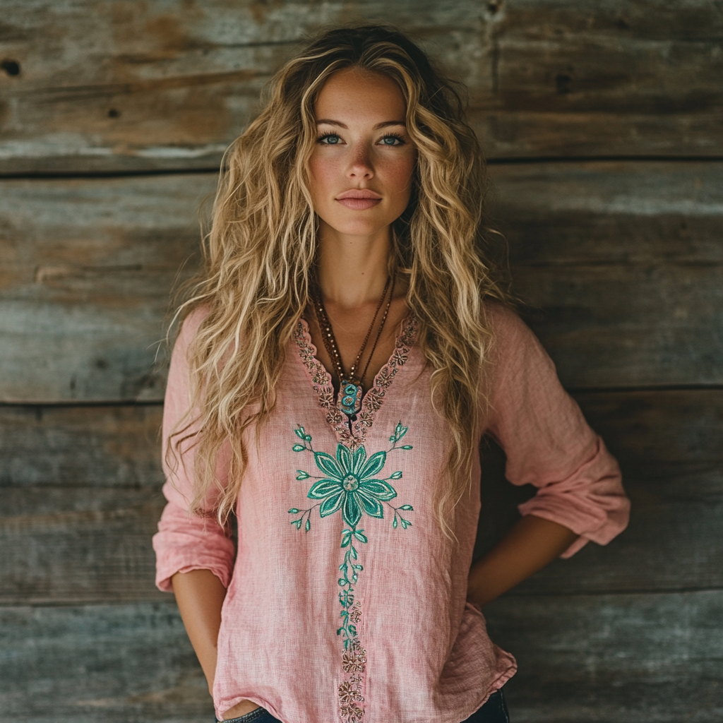 Boho Floral Tribal Embroidery Print Cotton And Linen Blend Loose Blouse artswardrobe