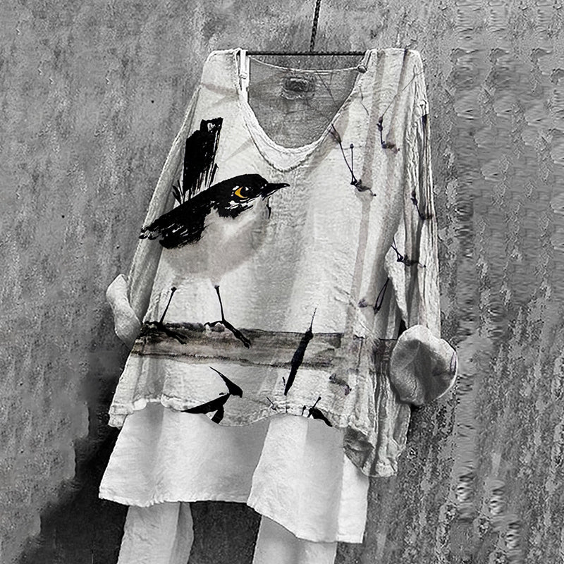 Vintage Bird‘s Art V Neck Linen Blend Blouse artswardrobe