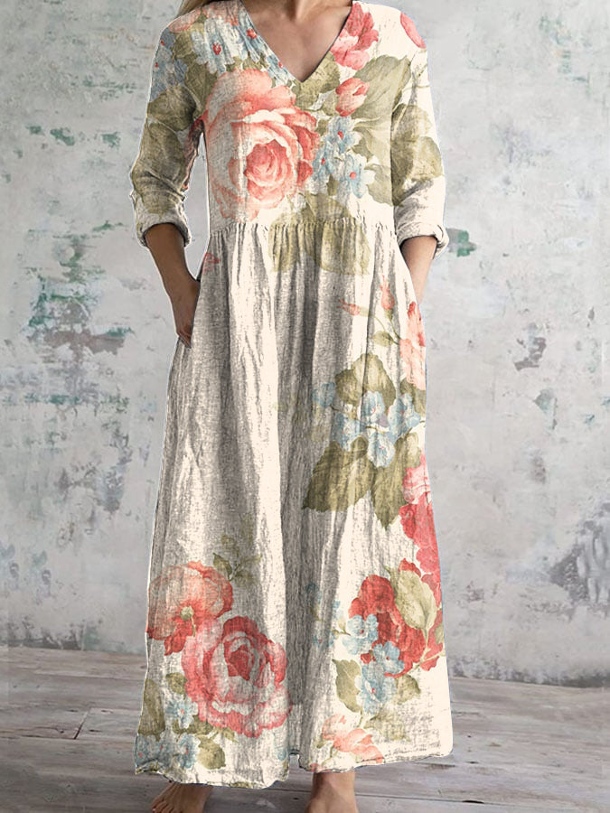 Vintage Floral Print V-neck Long-sleeved Dress