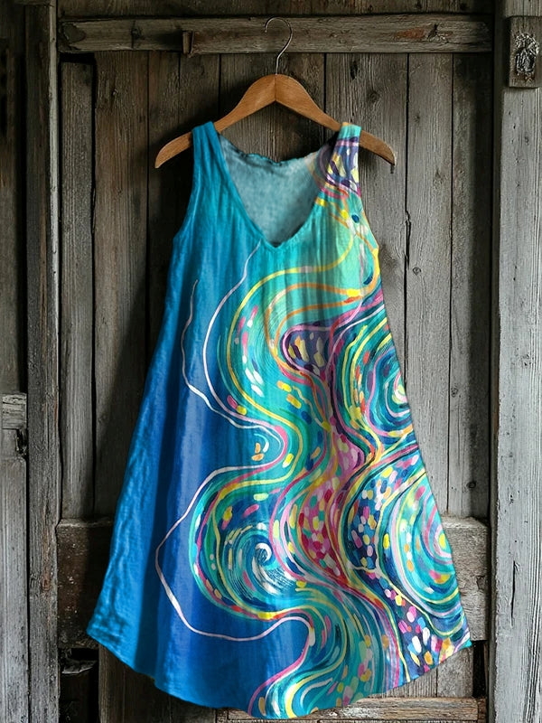 Women's Abstract Lines Print V-Neck Sleeveless Comfortable Cotton Pock
