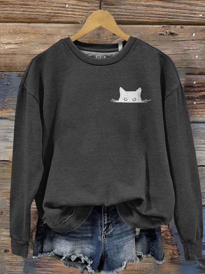 Comstylish Women's Embroidered Black Cat Print Sweatshirt