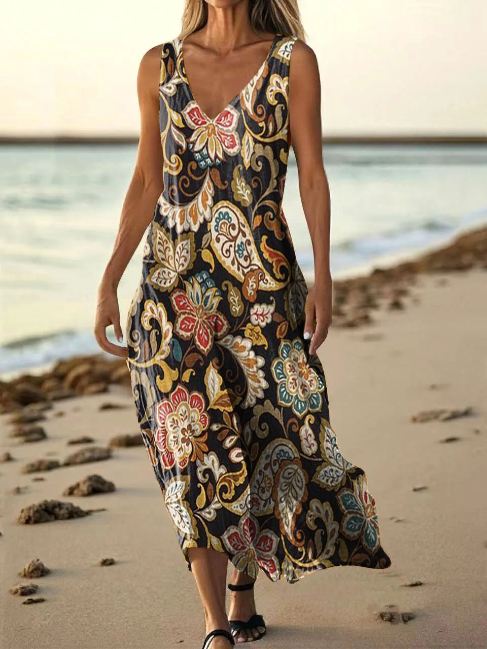 Women's Folk Flower Art Print V-neck Sleeveless Pocket Cotton Dress