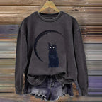 Retro Cat Print Crew Neck Sweatshirt elevenforest