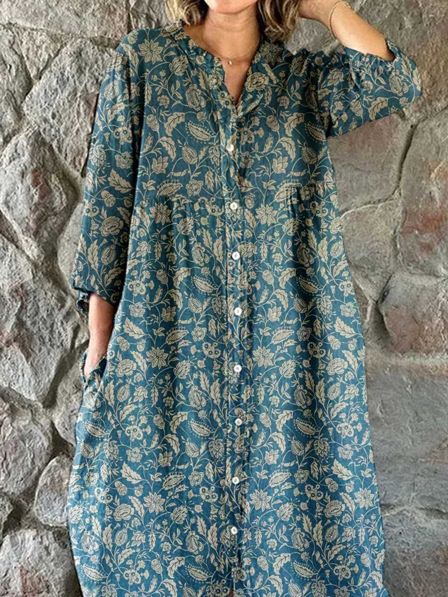 Women's Elegant Vintage Floral Pattern Shirt Style Cotton and Linen Dr
