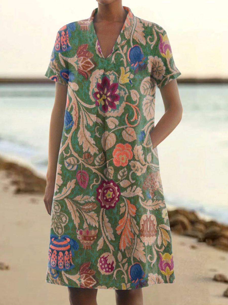 Women's Vintage Folk Art Floral Pattern Print V-Neck Linen Pocket Dres