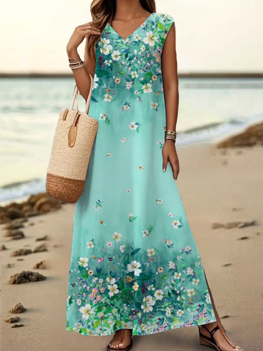 Women's Floral Art Print V-Neck Sleeveless Cotton Pocket Dress