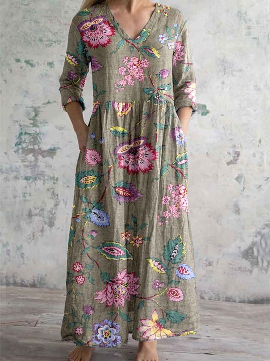 Women's Vintage Elegant Floral Pattern Cotton and Linen Dress with Poc