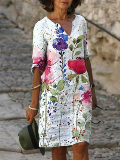 MW | Bedrucktes Midikleid mit V-Ausschnitt