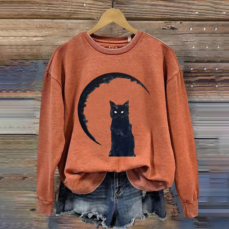 Retro Cat Print Crew Neck Sweatshirt elevenforest