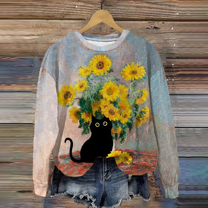 Women's Claude Monet Sunflowers Cat Print Sweatshirt elevenforest