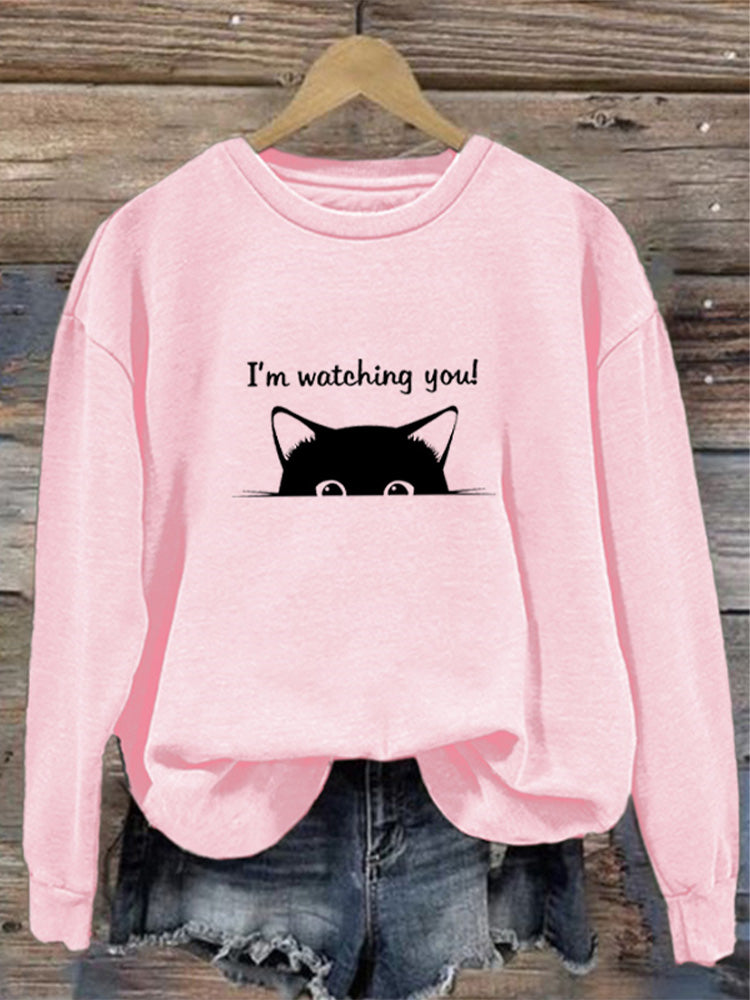 Comstylish I'm Watching You! Black Cat Print Sweatshirt