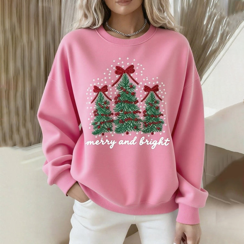 Comstylish Women's Merry And Bright Christmas Tree Print Crew Neck Long Sleeve Sweatshirt