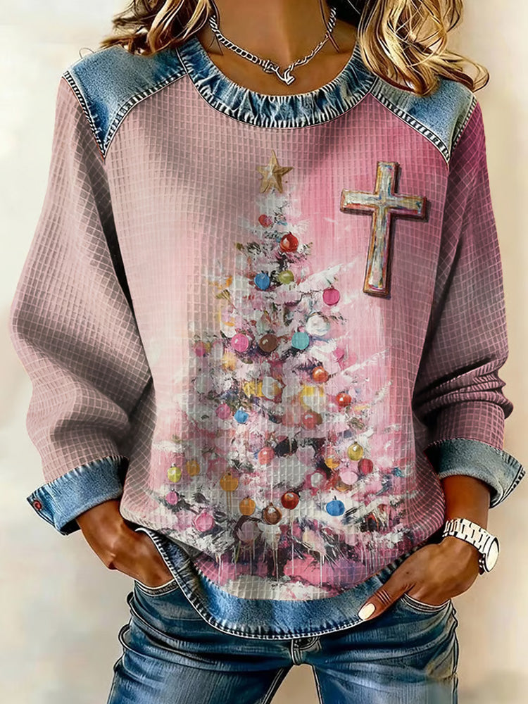 Comstylish Women's Faith Cross Christmas Tree Print Casual Sweatshirt