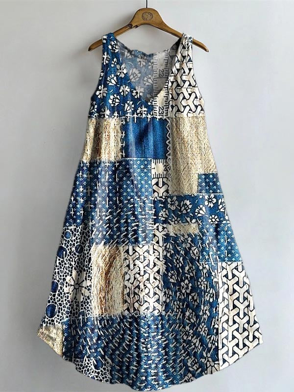 Women's Bohemian Patchwork Print V-neck Pocket Cotton Dress