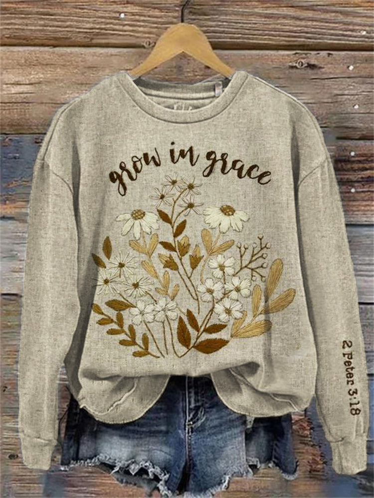Comstylish Grow Is Grace Floral Embroidered Christian Sweatshirt