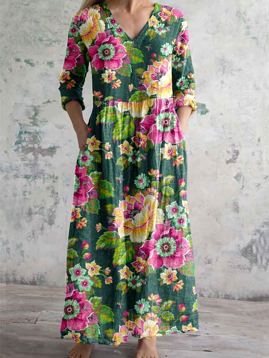 Women's Vintage Elegant Floral Pattern Cotton and Linen Dress with Poc