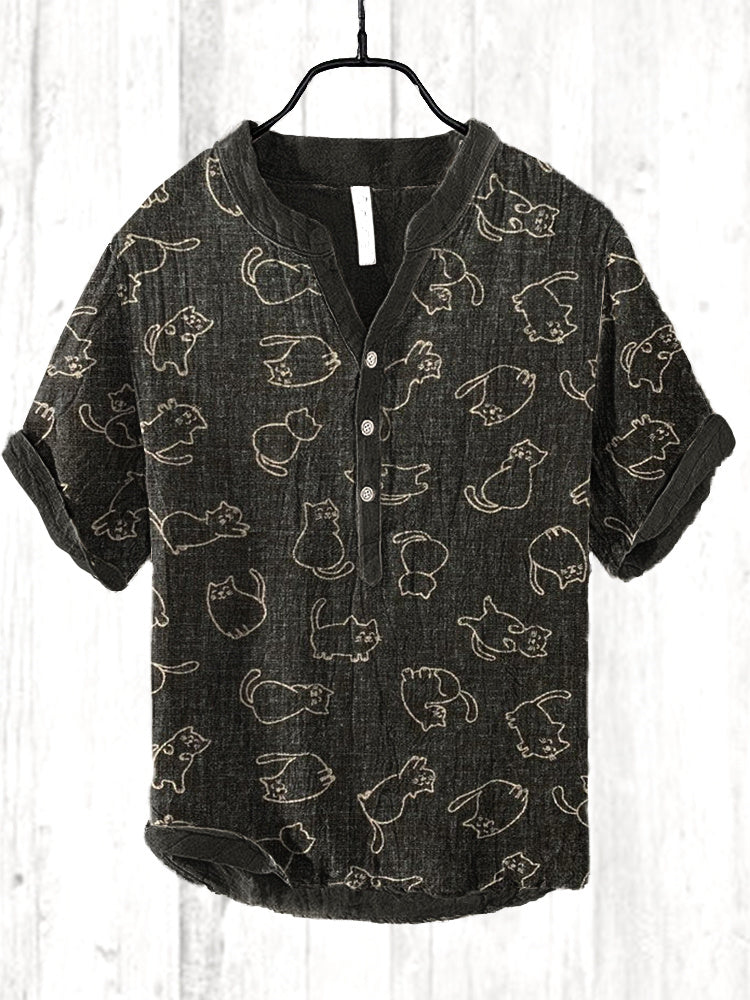 Vintage Japanese Cats Printed Casual Cozy Cotton Linen Shirt elevenforest