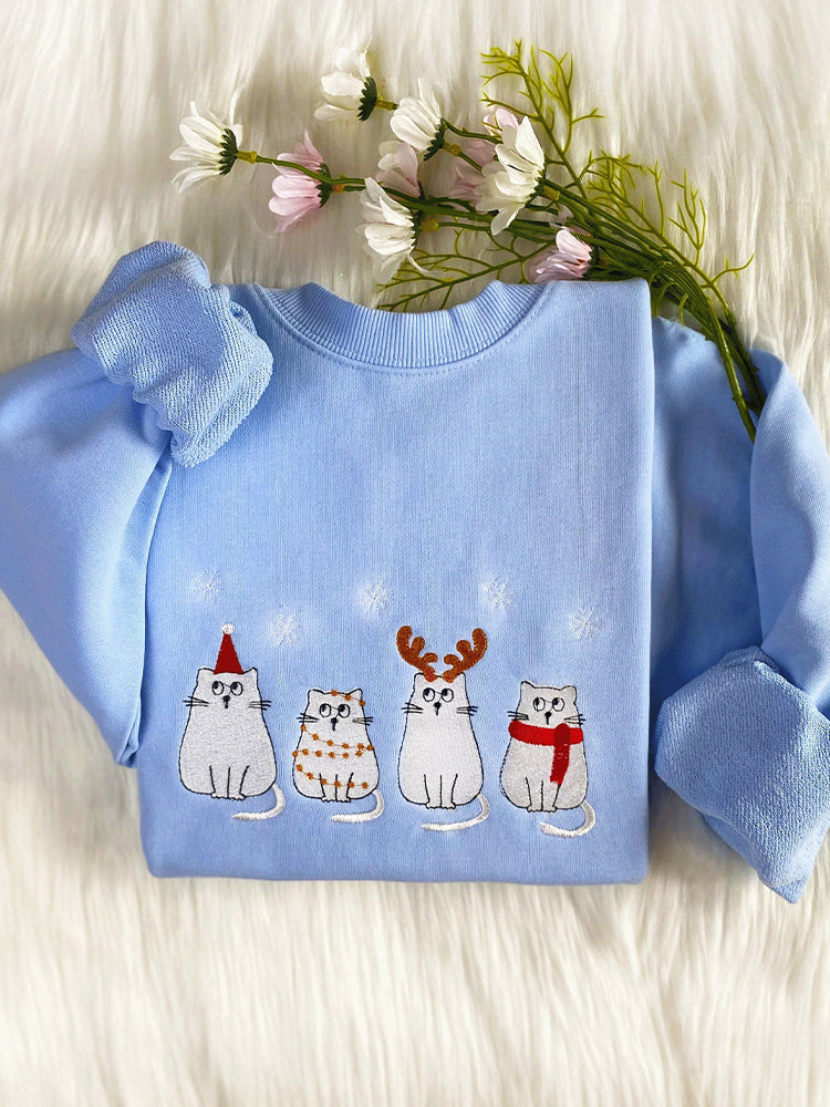 Comstylish Christmas Cats Embroidery Cozy Sweatshirt