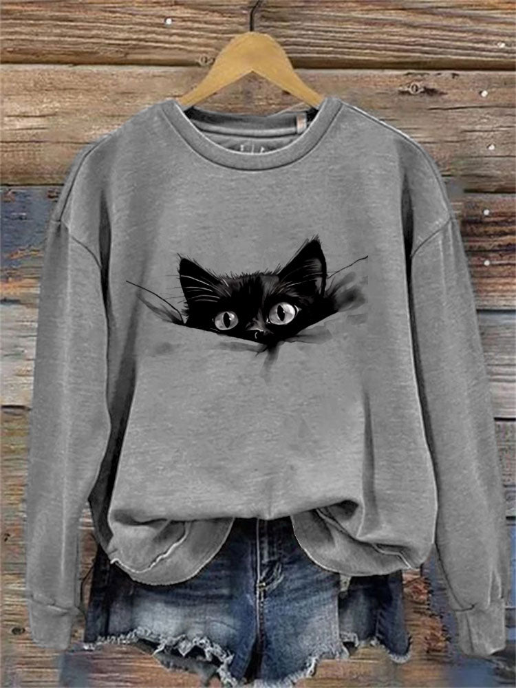 Comstylish Women's Casual Funny Black Cat Print Sweatshirt
