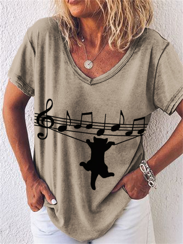 Cat Hanging Sheet Music V Neck T Shirt elevenforest