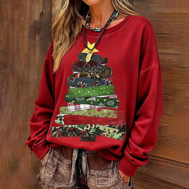 Comstylish Women's Christmas Tree Print Round Neck Loose Sweatshirt