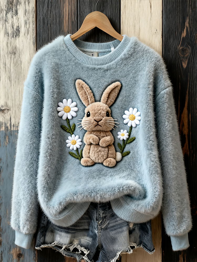 Comstylish Lady Cute Rabbit Pattern Design Winter Round Neck Flannel Sweatshirt