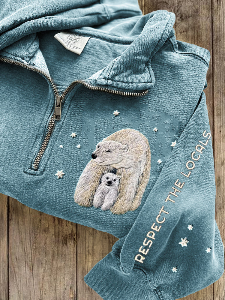 Comstylish Respect The Locals Polar Bears Embroidered Zip Up Sweatshirt