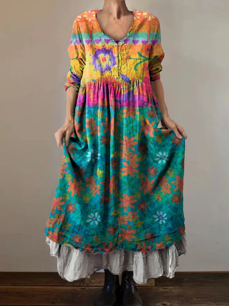 Women's Vintage Floral Patchwork Art Print V-Neck Button Pocket Cotton