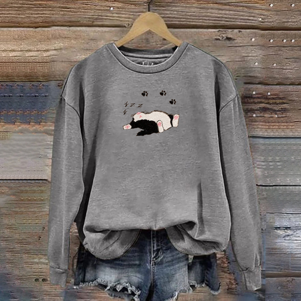 Comstylish Funny Sleeping Cat Embroidered Print Sweatshirt
