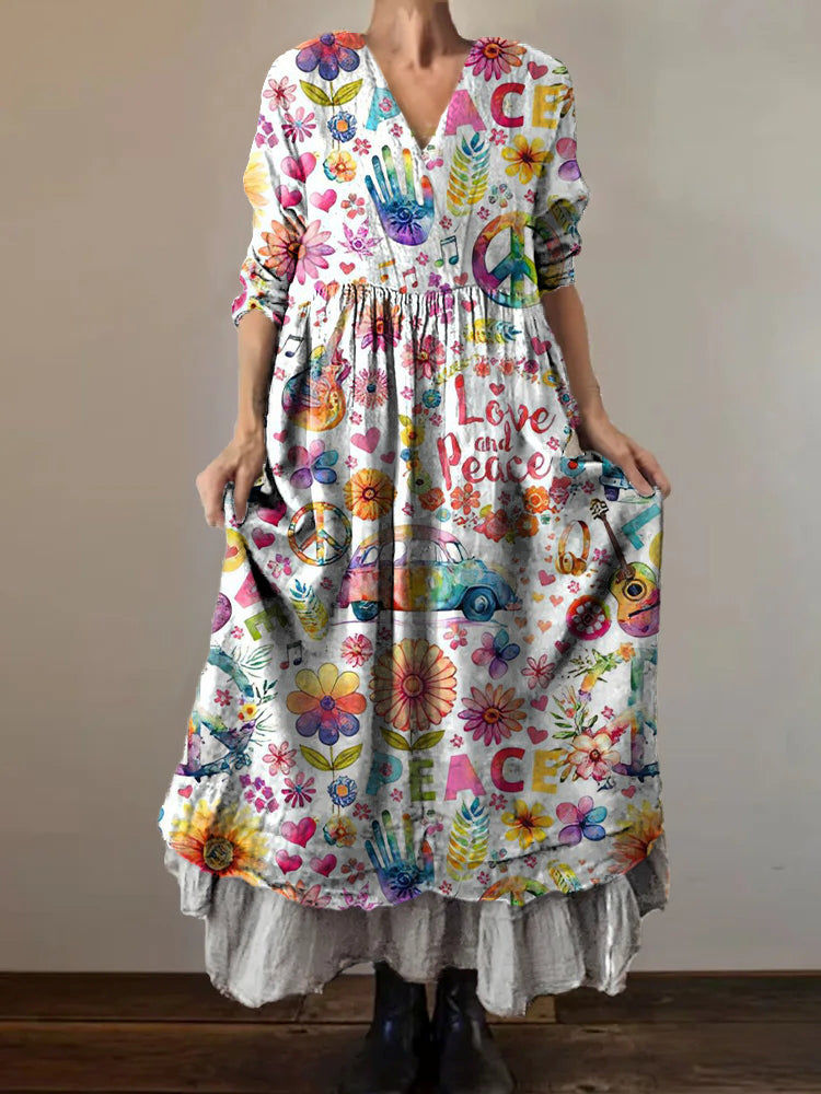 Women's Hippie Peace Love Art Print V-Neck Button Pocket Cotton Dress