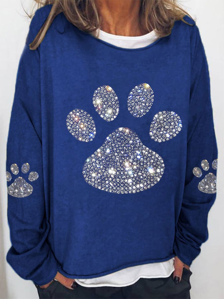 Comstylish Women's Dog Paw Rhinestone Print Sweatshirt
