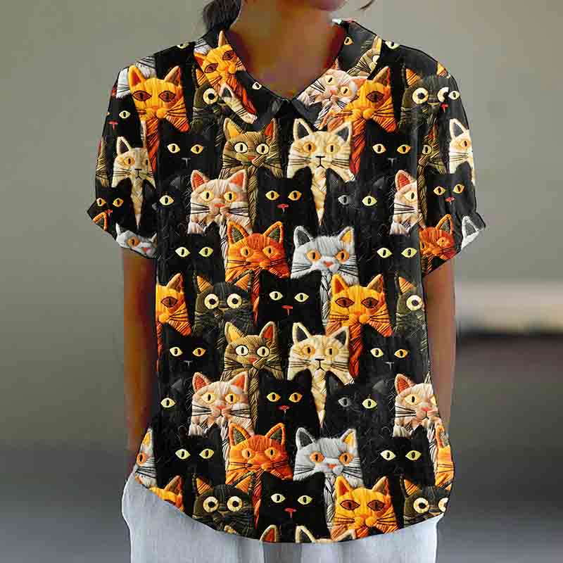 Comstylish Women's Pop Art Embroidered Cute Cat Print Cotton Linen Shirt