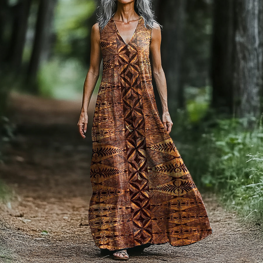 Women's Art Painting Ethnic Retro Print V-Neck Vest Dress