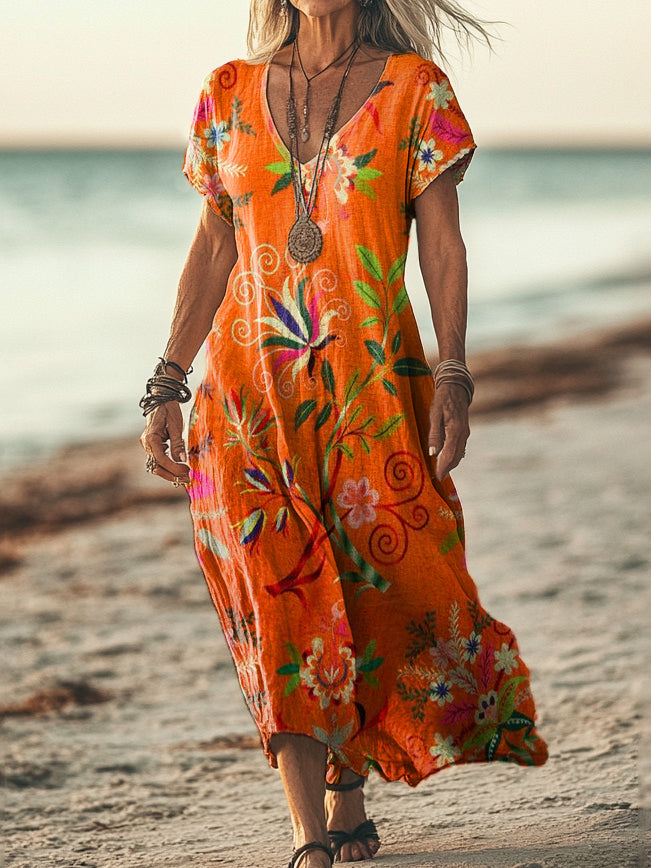 Women's Ethnic Floral Art Print Sleeveless V-Neck Pocket Cotton Dress