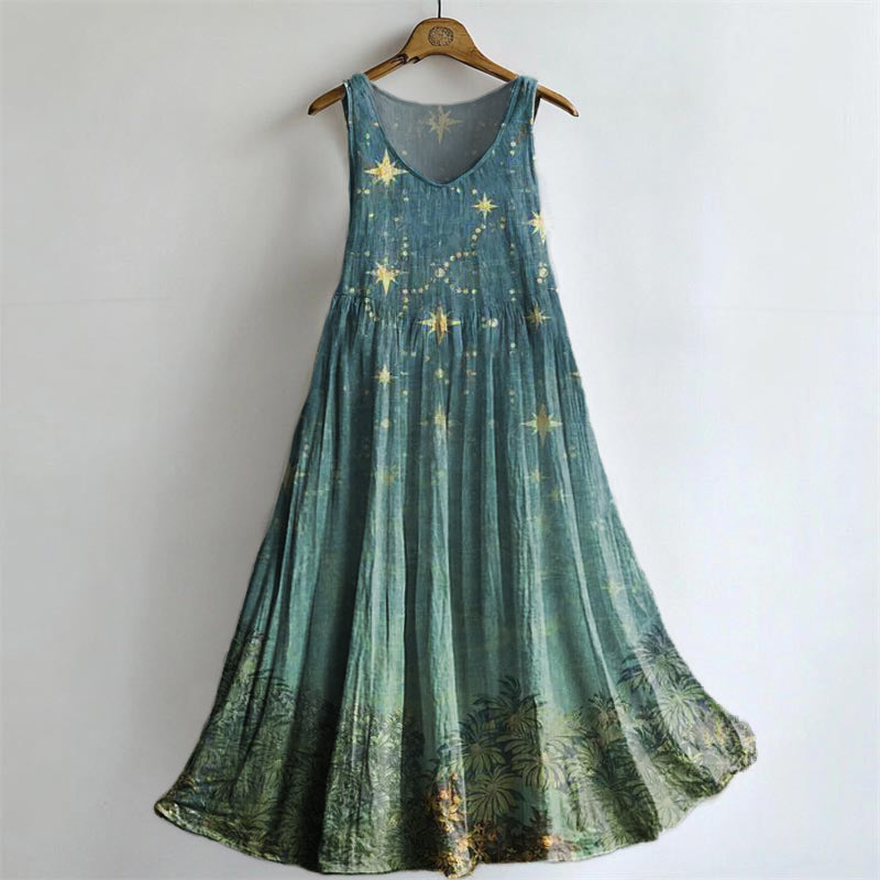Women's Starry Woods Pattern Art Print V-Neck Pocket Cotton Dress