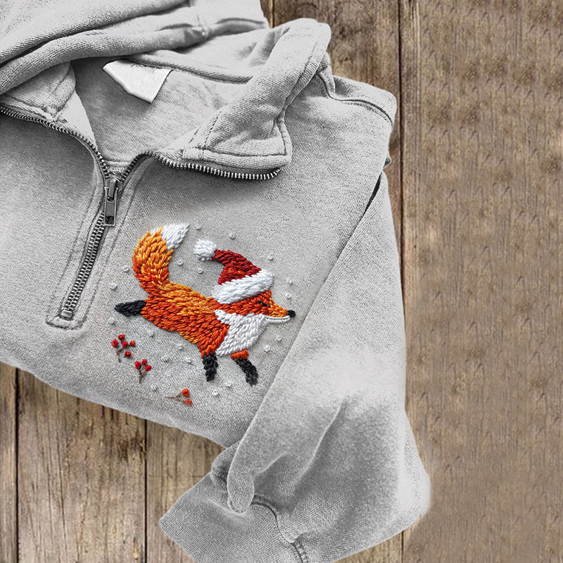 Comstylish Women's Cute Embroidery Fox Art Casual Sweatshirt