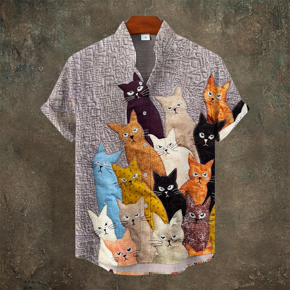 Vintage Cat Embroidery Art Men's Linen Short Sleeve Shirt elevenforest