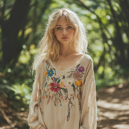 Comstylish Retro Bohemian Floral Art Graphics Cotton And Linen Blend Loose Blouse