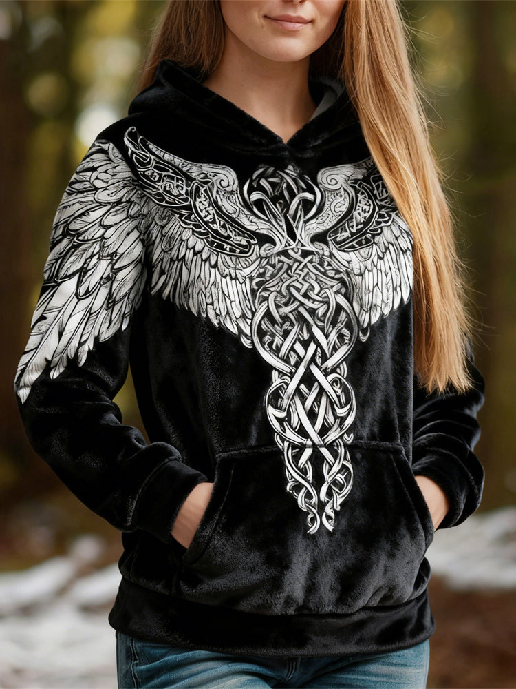 Comstylish Retro Viking Wing Design Women's Flannel Hooded Sweatshirt