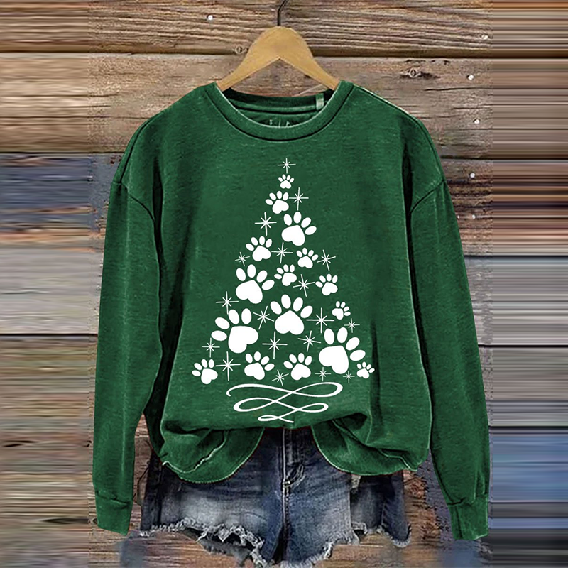 Comstylish Women's Christmas Paw Tree Printed Sweatshirt