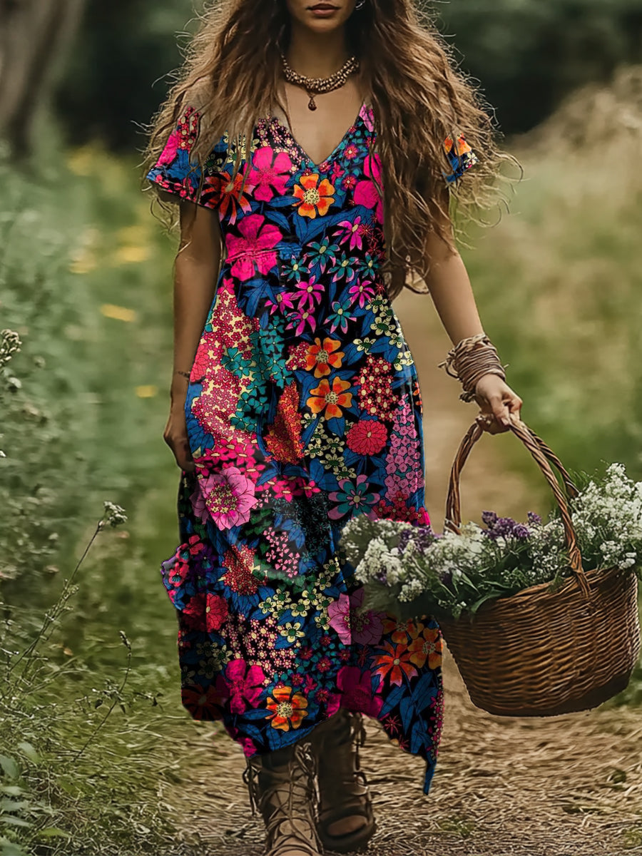 Women's Art Floral Vintage Print V-Neck Dress