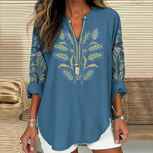 Comstylish Women's Ukraine Embroidered V-neck Linen Blend Blouse